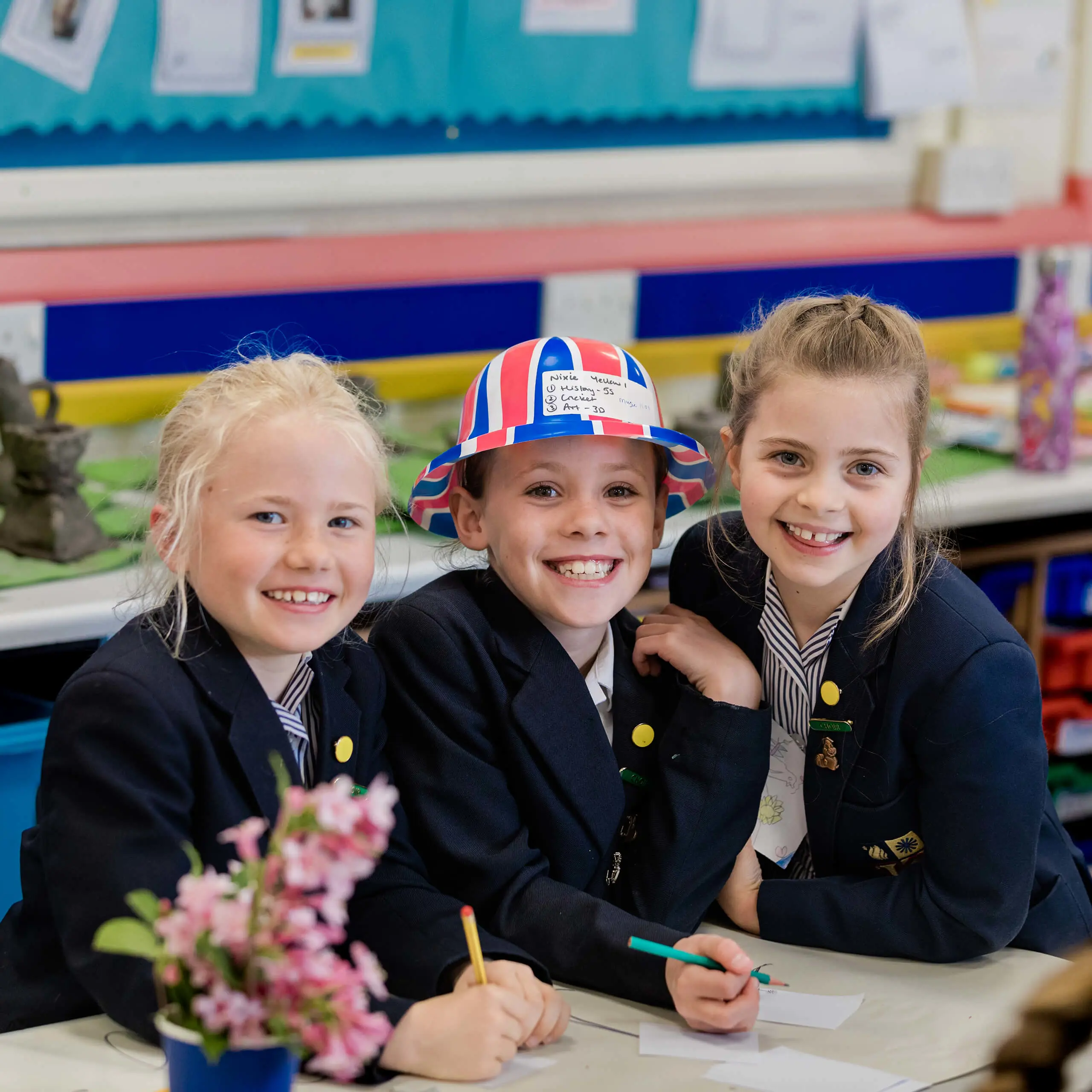 Ryde School Prep pupils wearing a Union Jack hat